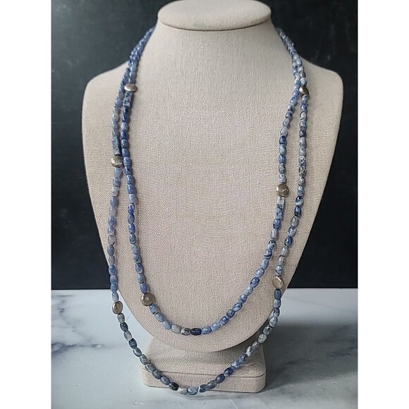 925 Sterling Silver Sodalite & Brushed Silver Beaded Extra Long Necklace Vintage - Picture 3 of 10